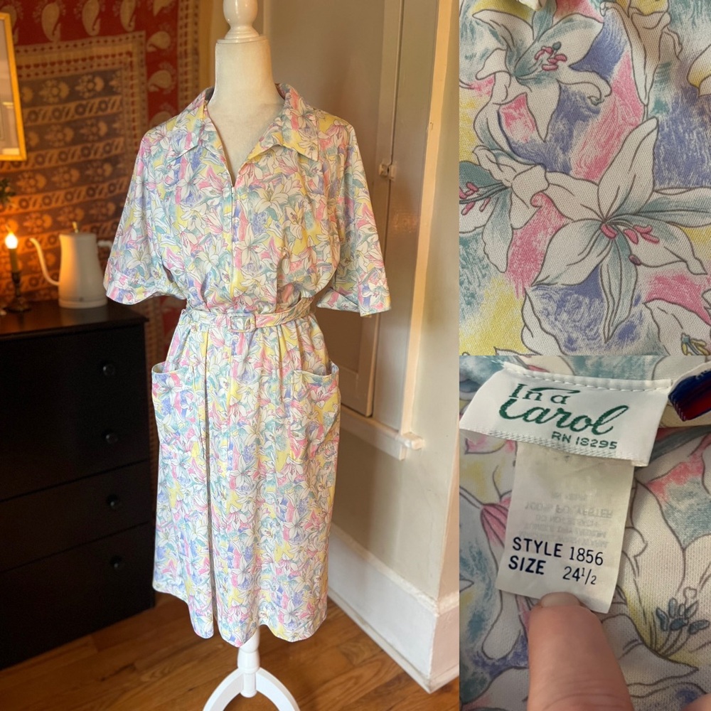 Vintage 80s belted pastel floral dress with pockets size XL